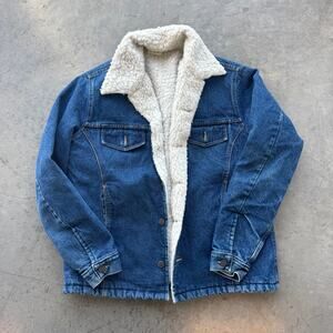 Vintage Y2k Denim Blue Jean Sherpa Trucker Button Up Jacket Men's L